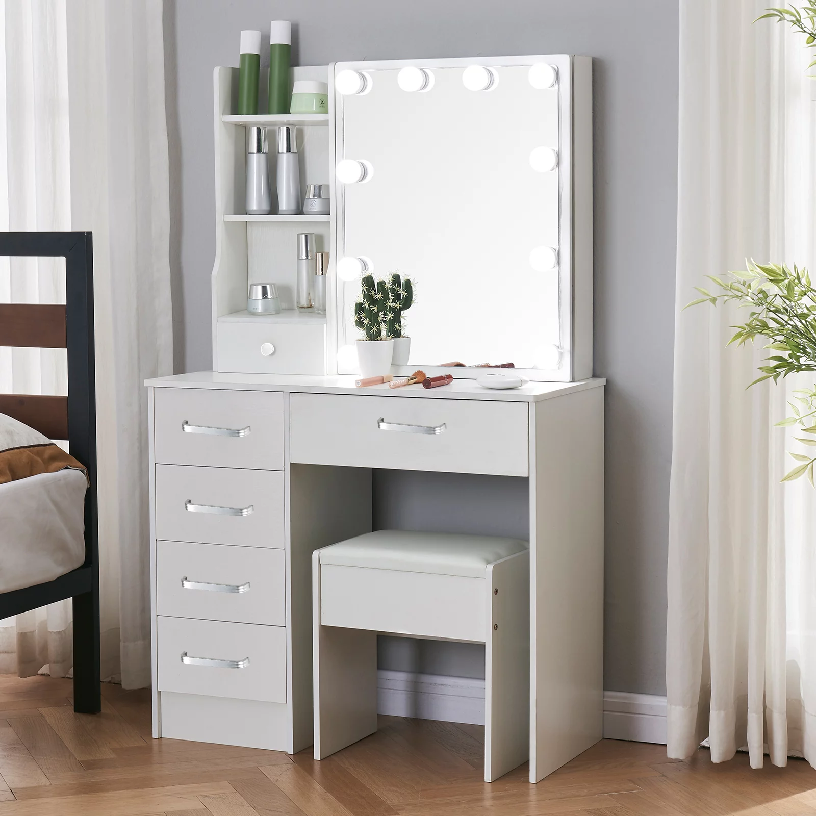 Jarbalai Makeup Vanity for Bedroom Makeup Table with Mirror and Lights, White