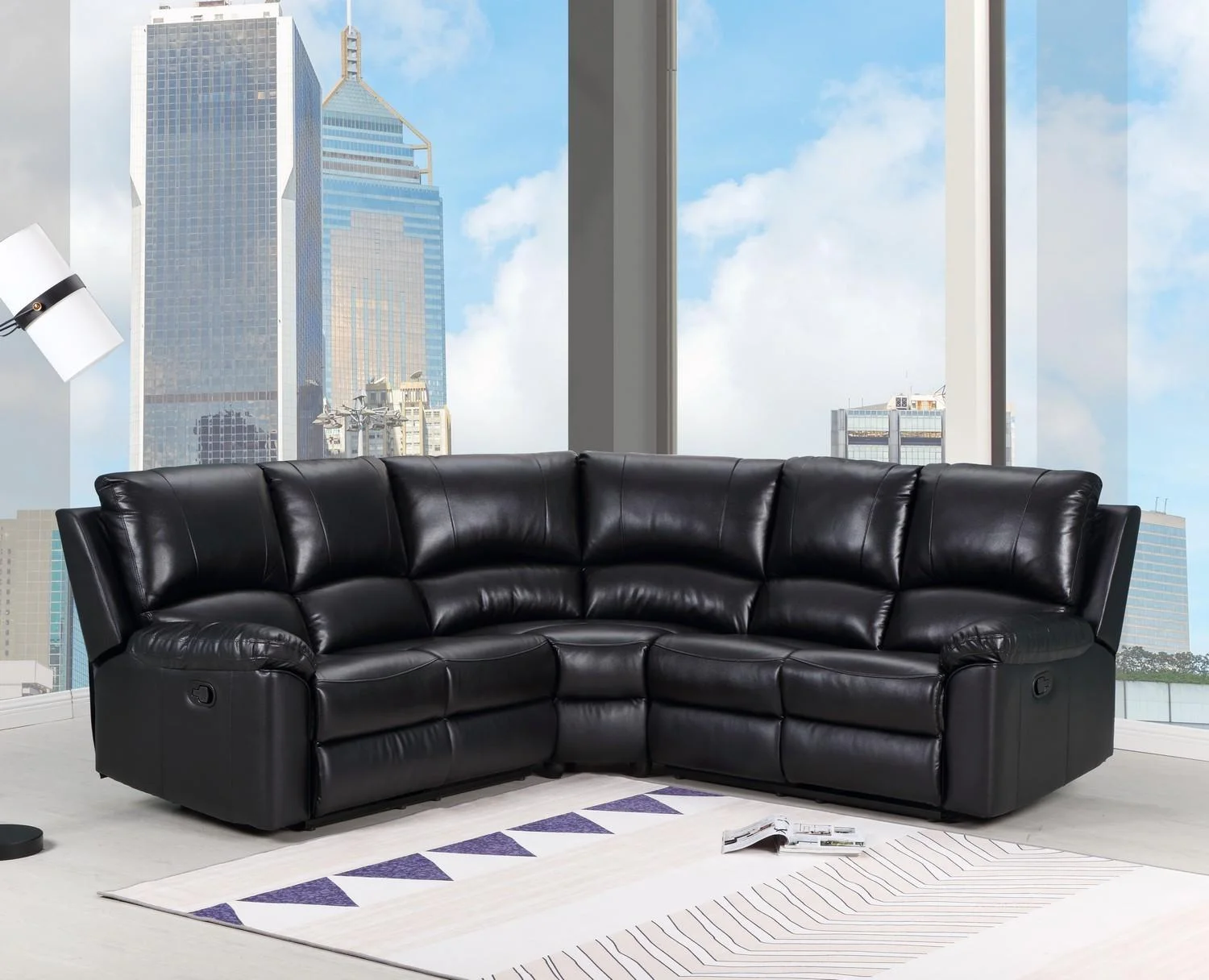 Black Leather Air Power Reclining Sectional Contemporary Global United 9241