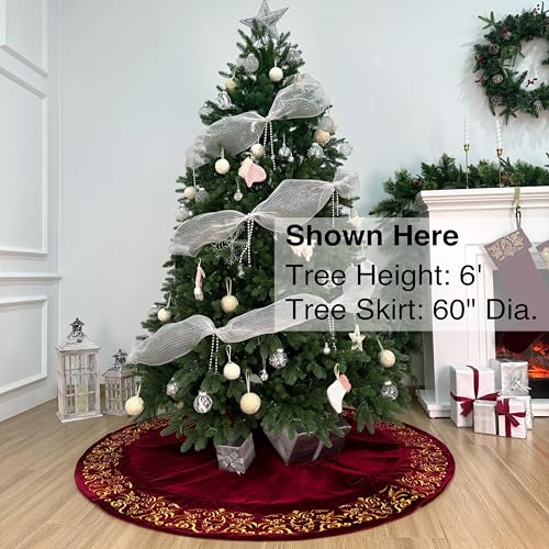 72-Inch Victorian Velvet Christmas Tree Skirt with Gold Damask Embroidery and Plush Lace Ties, Burgundy