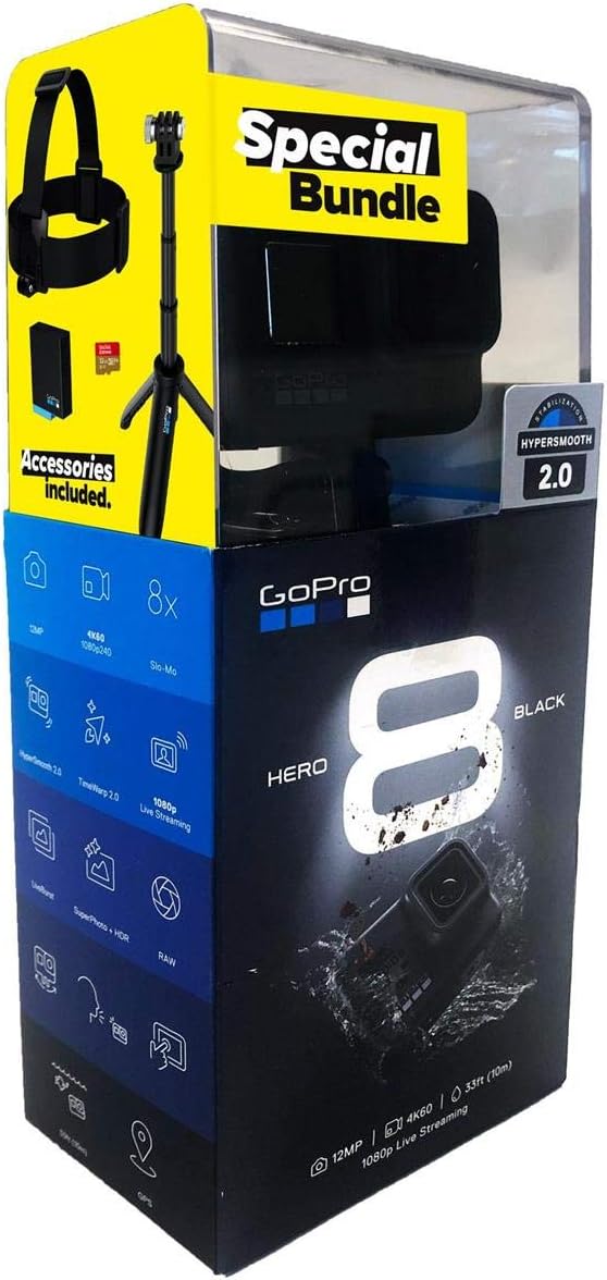 GoPro HERO8 Black Retail Bundle - Includes HERO8 Black Camera Plus Shorty, Head Strap, 32GB SD Card, and 2 Rechargeable Batteries
