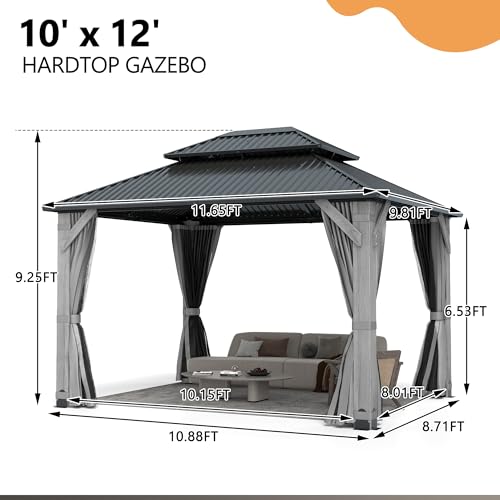 12'x12' Hardtop Gazebo, Outdoor Double Roof Galvanized Steel Gazebos, Aluminum Frame Permanent Pavilion with Curtains & Netting for Backyard, Patio