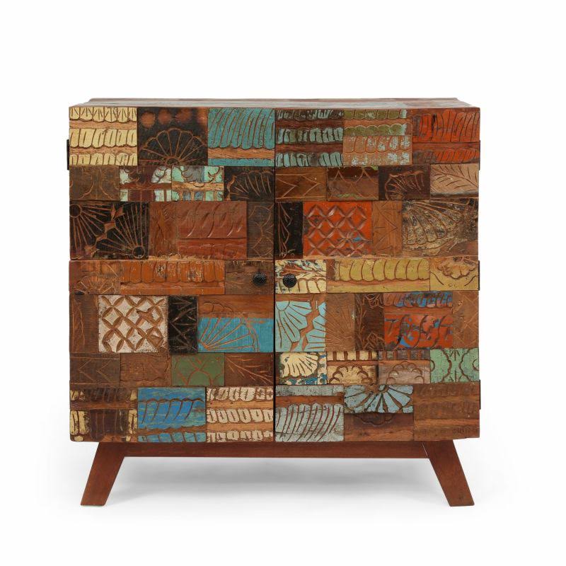 Noble House Ware Wood Handcrafted 2 Door Cabinet, Natural and Multi-Colored 314339