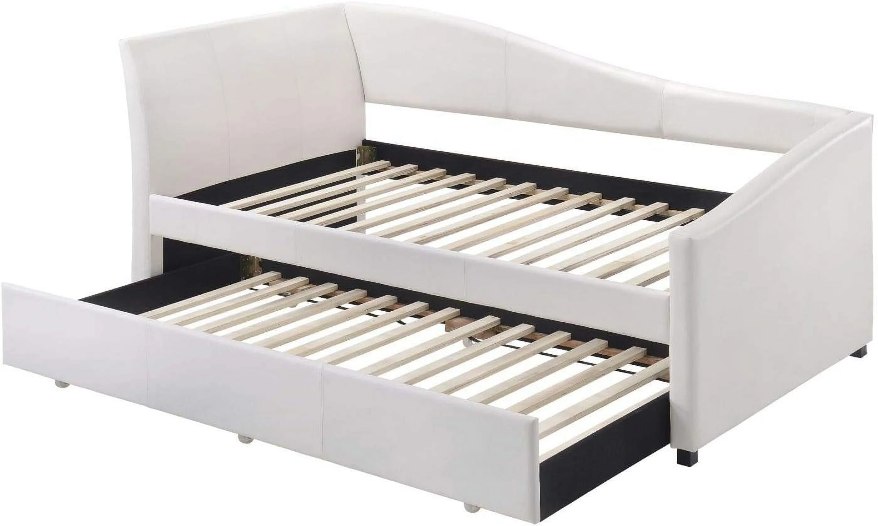 Upholstered Daybed With Trundle Modern White Faux Leather Day Beds Solid Rubber Wood Sofa Bed Frame With Guest Trundle For Living Room Bedroom
