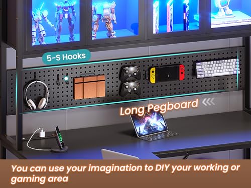 SEDETA L Shaped Gaming Desk with Drawers, L Shaped Computer Desk with Hutch and Storage Shelves, Gaming Desk with Pegboard, Led Lights