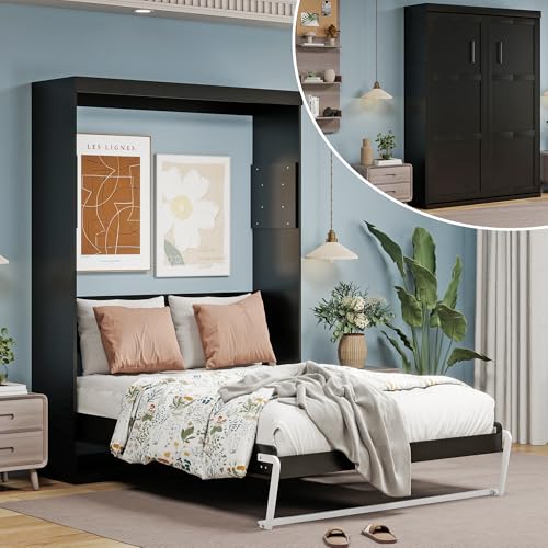 Black Wood Full Size Murphy Bed, Murphy Bed Full Space-Saving Wall Beds