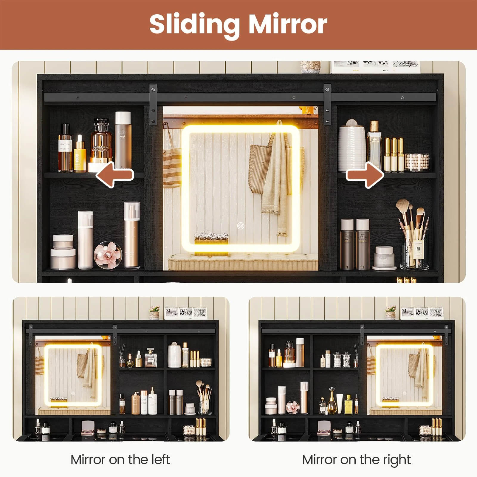 Afuhokles Vanity with Lighted Mirror, Glass Top Vanity Desk with Charging Station, Large Makeup Table with 5 Drawers, Black