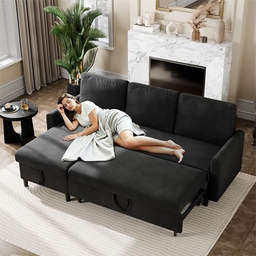 Vongrasig Convertible Sleeper Sofa, Pull Out Couch with Storage, 77" L-Shaped Sofa Bed with Storage Chaise Corduroy Fabric for Living Room, Apartment