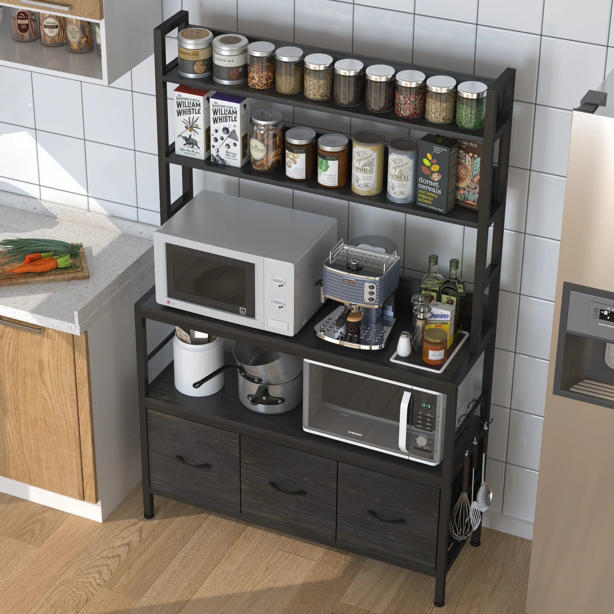 NAIYUFA Bakers Rack 5-Tier Wood Kitchen Storage Shelf with Baskets and Hooks Industrial Microwave Oven Stand,Black