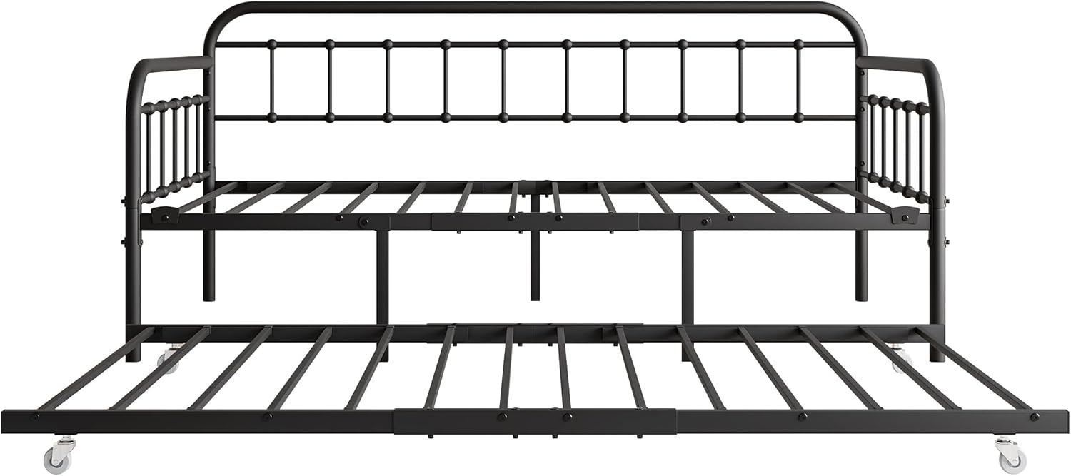 Twin Size Metal Daybed, Metal Day Bed with Trundle w/4 Esay-Glide Casters