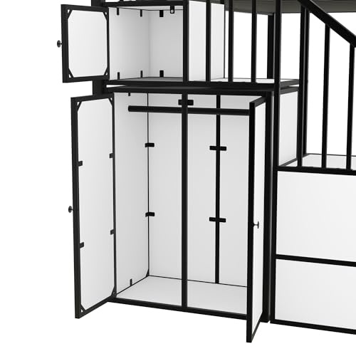 Full-Over-Full Castle Style Bunk Bed with 2 Drawers and 3 Shelves, Wood Bunk Bed Frame with Slide and Storage Staircase for Kids Teens Boys Girls