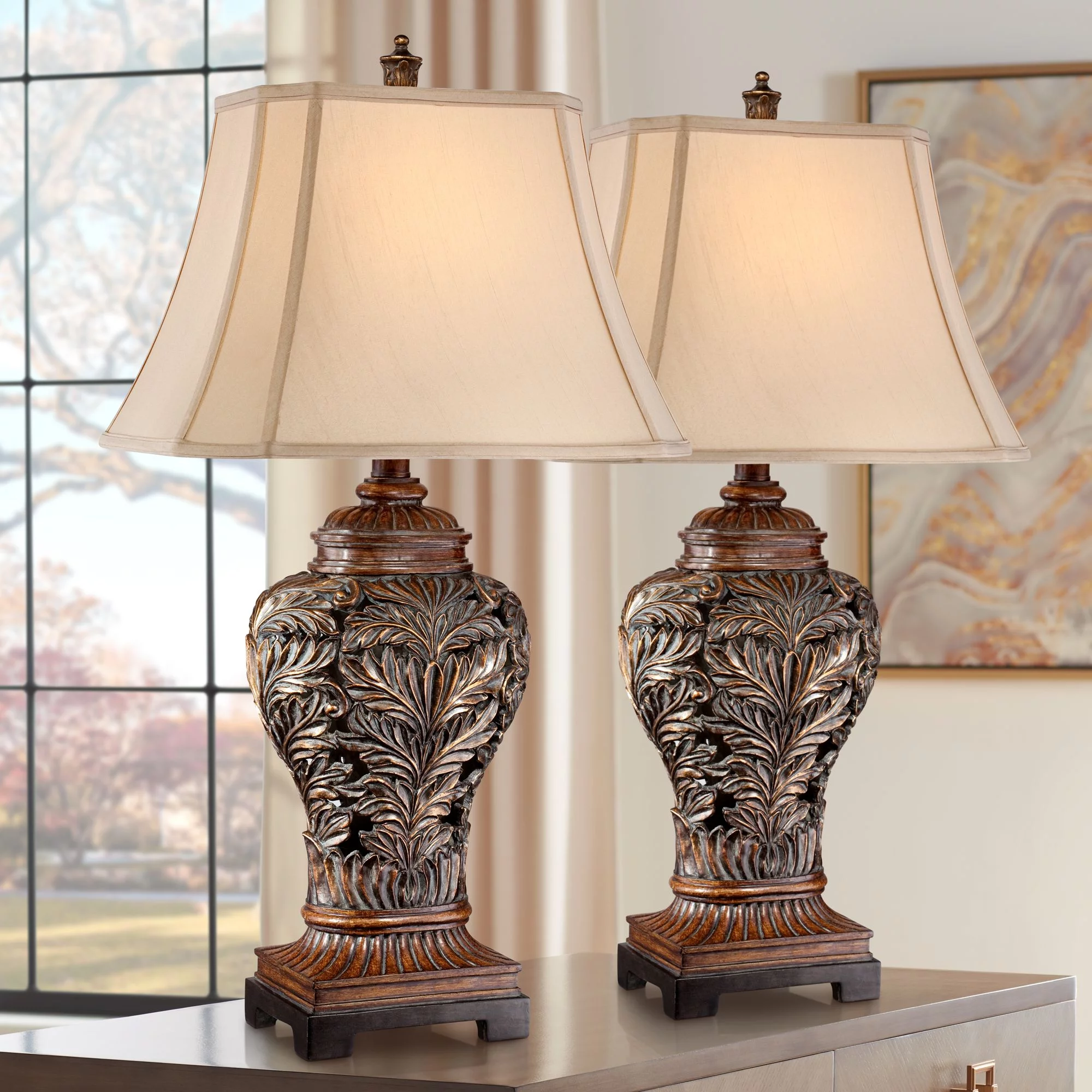 Barnes and Ivy Traditional Table Lamps 32.5" Tall Set of 2 Bronze Curling Leaves Tan Rectangular Shade for Living Room Family Bedroom Bedside