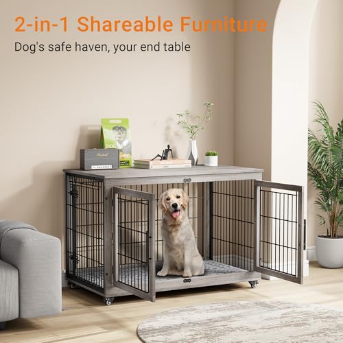Lulive Dog Crate Furniture for Medium Dogs, 32'' Dog Kennel Indoor with Cushion & Wheels Wooden Dog Cage Double Doors Dog Crate End Table, Grey