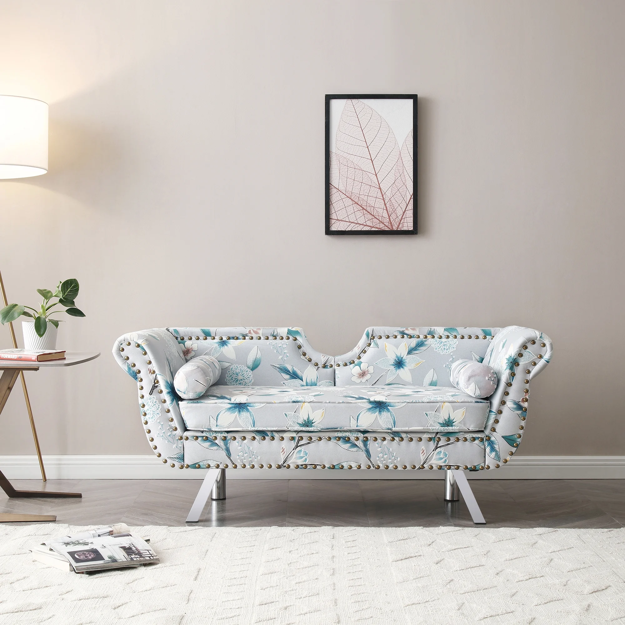 Modern Velvet Upholstered Loveseat Sofa, End of Bed Bench Settee with Nailhead Trim Arms Removable Cushion Metal Legs
