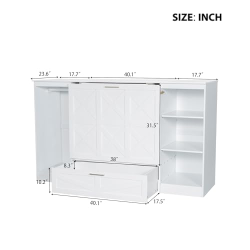 Harper & Bright Designs Full Size Murphy Bed Cabinet Wall Bed, Solid Pine Murphy Bed Chest with USB Ports