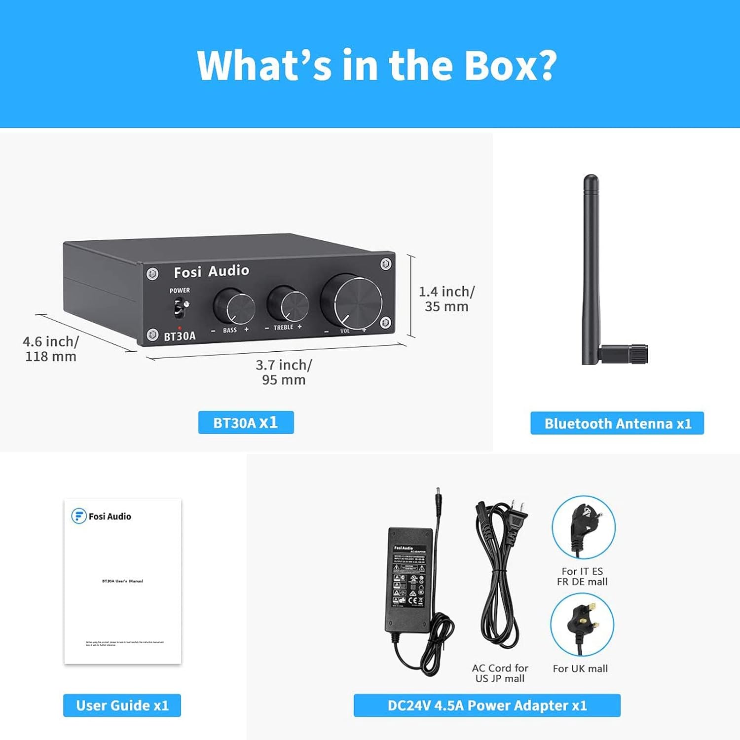 Fosi Audio BT30A Bluetooth 5.0 Stereo Audio Amplifier 2.1 Channel Receiver Class D Mini Hi-Fi Integrated Digital Amp with Bass and Treble Control