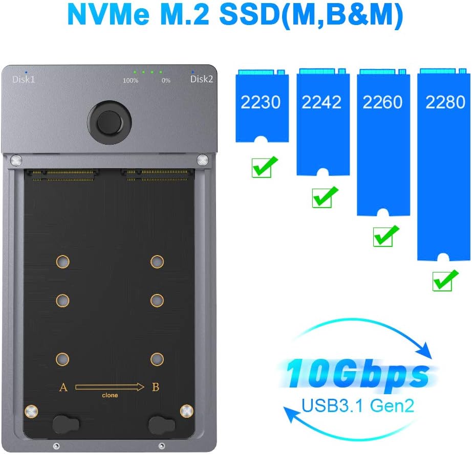 USB C 3.1 Gen2 10Gbps to M.2 Duplicator NVME Clone Dual-Bay External Hard Drive Enclosure