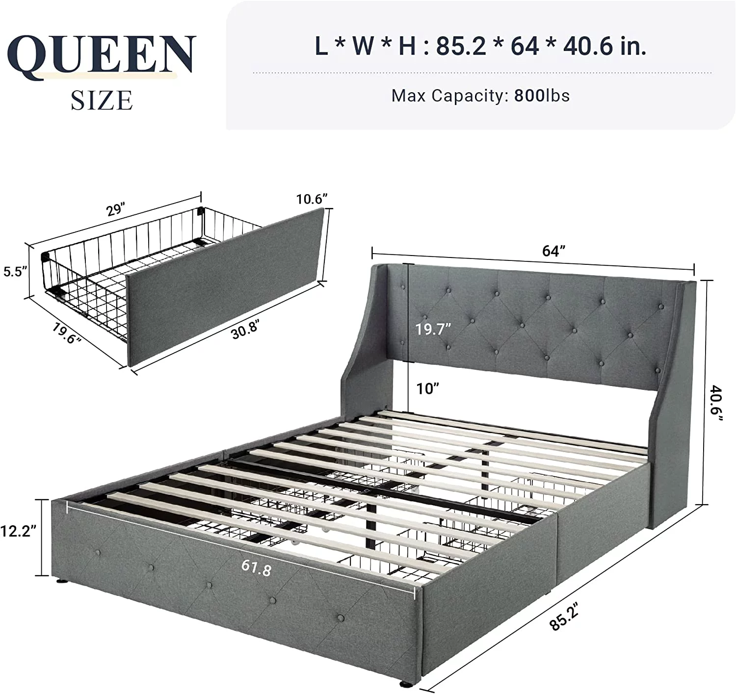 Allewie Queen Size Bed Frame with 4 Storage Drawers and Button Tufted & Wingback Headboard, Dark Grey
