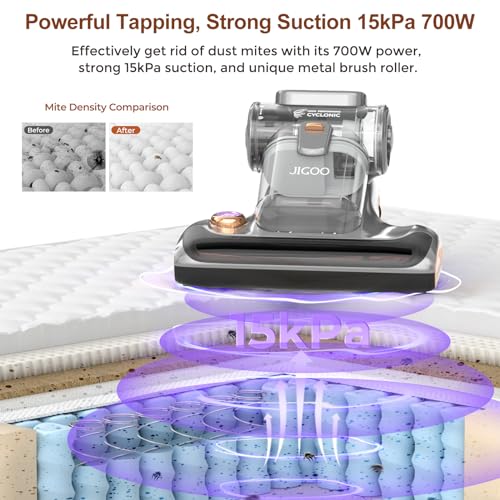 T600 Bed Vacuum Cleaner with UV-C Light, 15Kpa Suction 700W Powerful Double Cup Handheld Vacuums, Mattress Vacuum Cleaner with Smart Dust Sensor