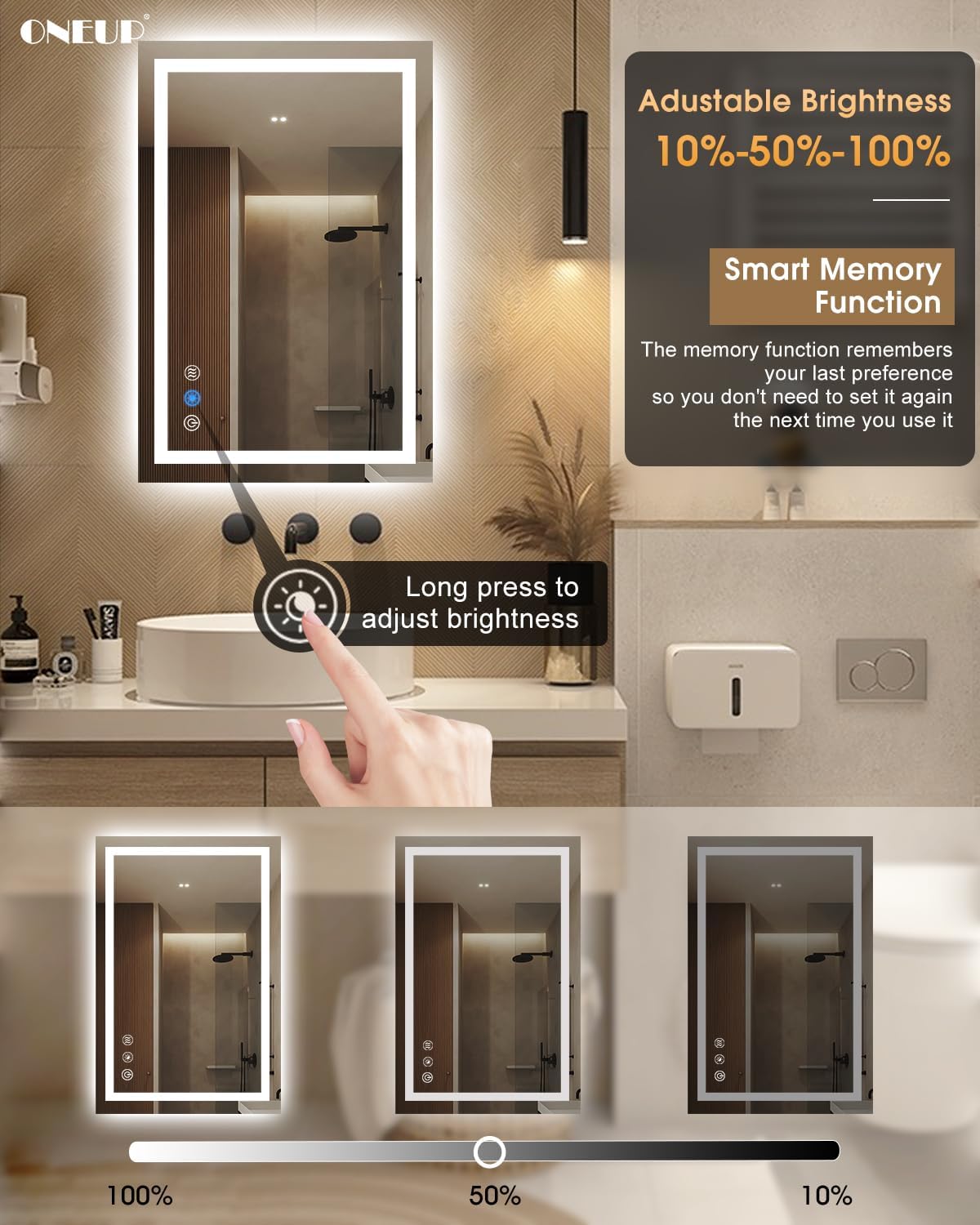 24''x36'' Bathroom Mirror with Lights,Front Lighted Bathroom Mirrors for Wall,Anti-Fog Smart Vanity Mirror,Touch Button and Memory Function