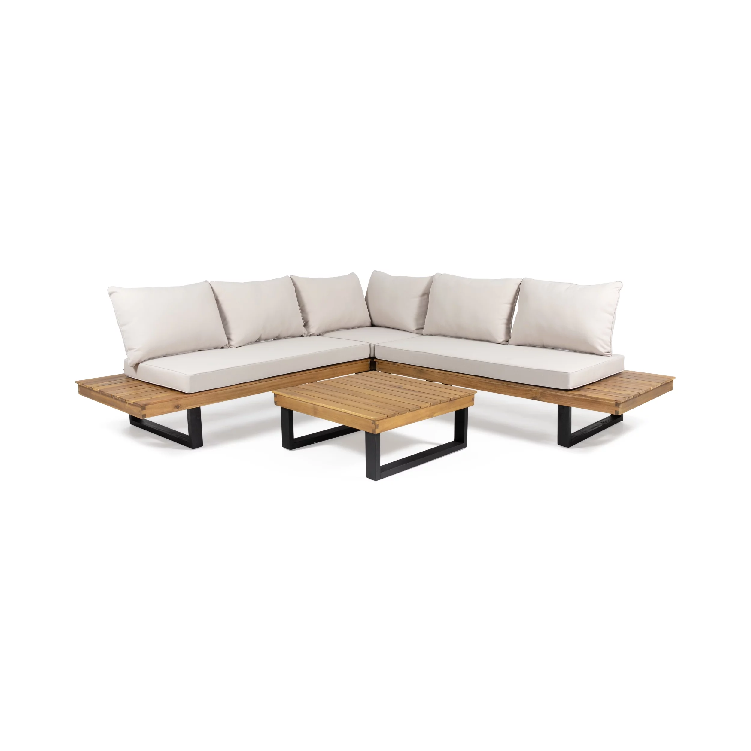 Noble House Draven 4 Pc Outdoor Patio Sectional Set, Beige/Teak Acacia Wood Water Resistant
