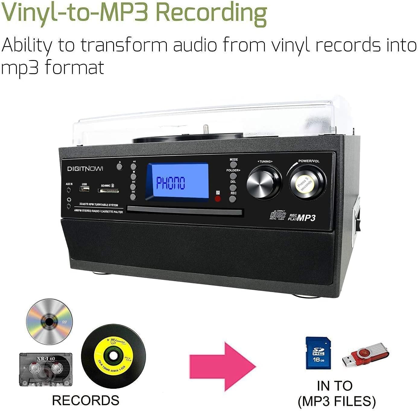 DIGITNOW Bluetooth Record Player Turntable with Stereo Speaker, LP Vinyl to MP3 Converter with CD, Cassette, Radio, Aux in and USB/SD Encoding