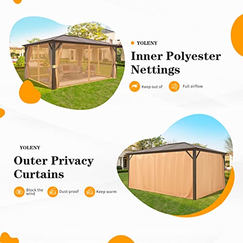 YOLENY 10'x13' Hardtop Gazebo, Outdoor Polycarbonate Double Roof Canopy, Aluminum Frame Permanent Pavilion with Curtains and Netting