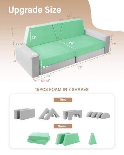 YEFU 15pcs Modular Kids Play Couch Convertible Foam, Toddler Couch Play Set for Creative Play, Kids Modular Couch Sofa for Playroom, Bedroom, Gray