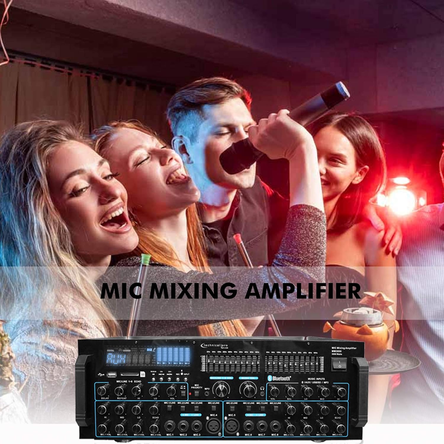 Technical Pro 3000 Watts Professional Mic Mixing Amplifier w/USB SD Card Inputs, Bluetooth Compatibility, Built-in Dual 10 Band Equalizers