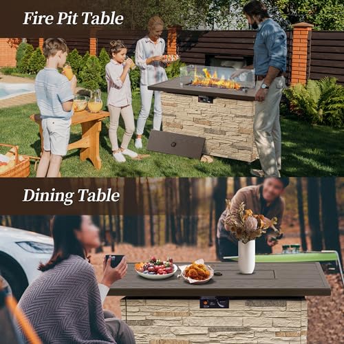 43¡± Propane Fire Pit Table Outdoor Rectangular Stone Firepit Table 50,000 Btu Propane Fire Tables for Outside Patio with Glass Wind Guard, Lid