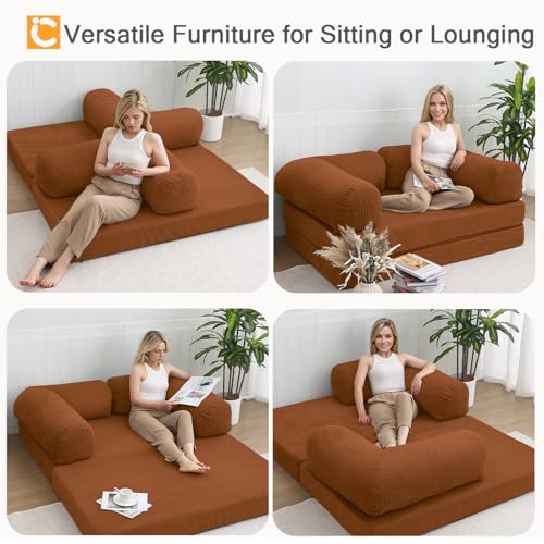 COMAX Folding Sofa Bed, Convertible Chair Bed Corduroy 3-in-1 Foldable Floor Couch with High-Density Foam, Futon Sofa Sleeper Mattress