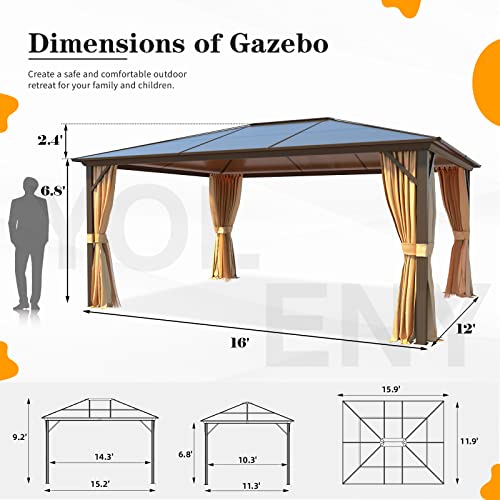 YOLENY 10'x13' Hardtop Gazebo, Outdoor Polycarbonate Double Roof Canopy, Aluminum Frame Permanent Pavilion with Curtains and Netting