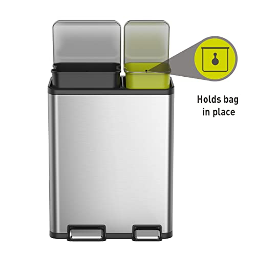 EKO EcoCasa II 36L+24L Dual Trash Can with Recycle Bin, Stainless Steel Garbage Can with Lid, Deodorizer Compartment