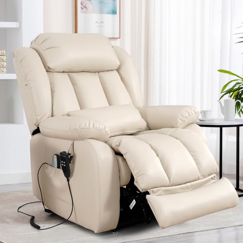 EDILLY Large Genuine Leather Power Lift Recliner Chairs for Elderly, Dual Motor with Massage and Heating,Double Lumbar Cushion and Extended Footrest