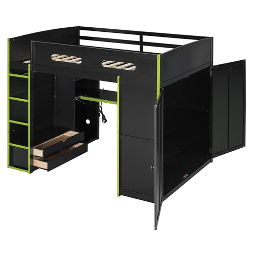 Modern Full Size Gaming Loft Bed with Built-in Desk and Storage Wardrobe, Wood Loft Bed Frame with Light Strip and 2 Drawers