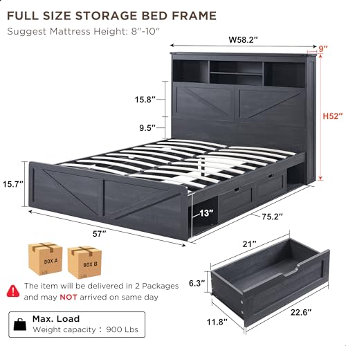 Queen Size Wood Bed Frame Farmhouse with 52" Tall Storage Bookcase Headboard, LED Light,Charging Station,4 Drawers and Solid Wood Slats Support