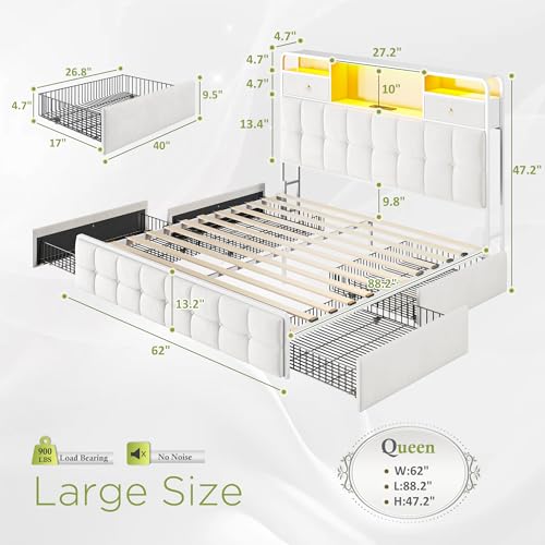 EnHomee King Size Bed Frame with 4 Storage Drawers King Bed Frame with Headboard Built in Charging Station and LED Lights, No Noise