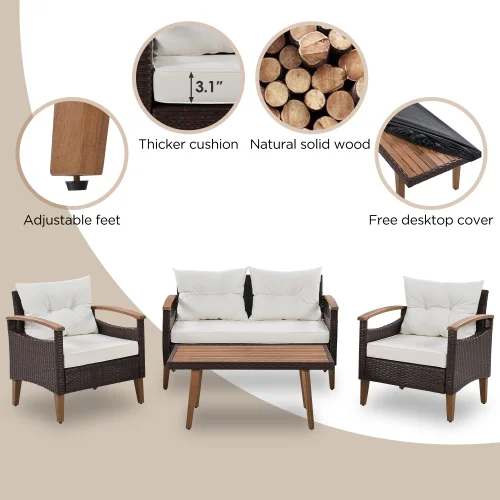 Churanty Patio Conversation Set, 4-Piece Outdoor Garden Furniture Set, Patio Seating Set, PE Rattan Outdoor Sofa Set, Wood Table and Legs