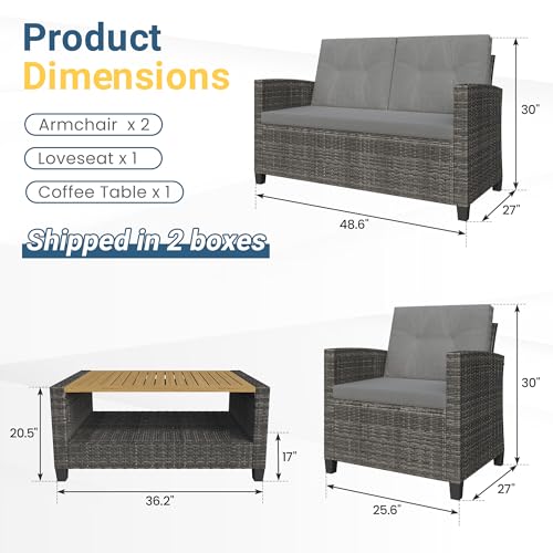 Wisteria Lane 4 Piece Outdoor Patio Furniture Sets, Wicker Conversation Set for Porch Deck, Gray Rattan Sofa Chair with Cushion
