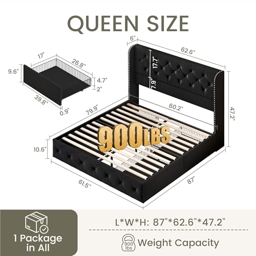 King Size Bed Frame with 4 Storage Drawers and Tufted Headboard Linen Upholstered Platform Bed Frame Wingback Beds with Wooden Slats Support