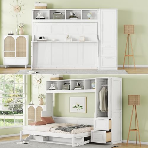 Harper & Bright Designs Queen Size Murphy Bed Wall Bed with Closet and Storage Drawers