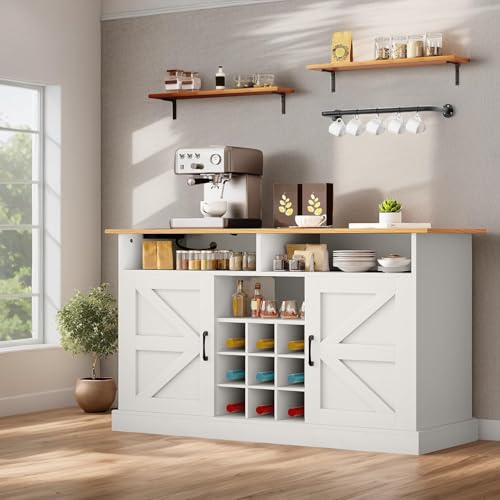 YITAHOME Buffet Cabinet, 47" Farmhouse Coffee Bar with Power Outlet, Floating Shelves