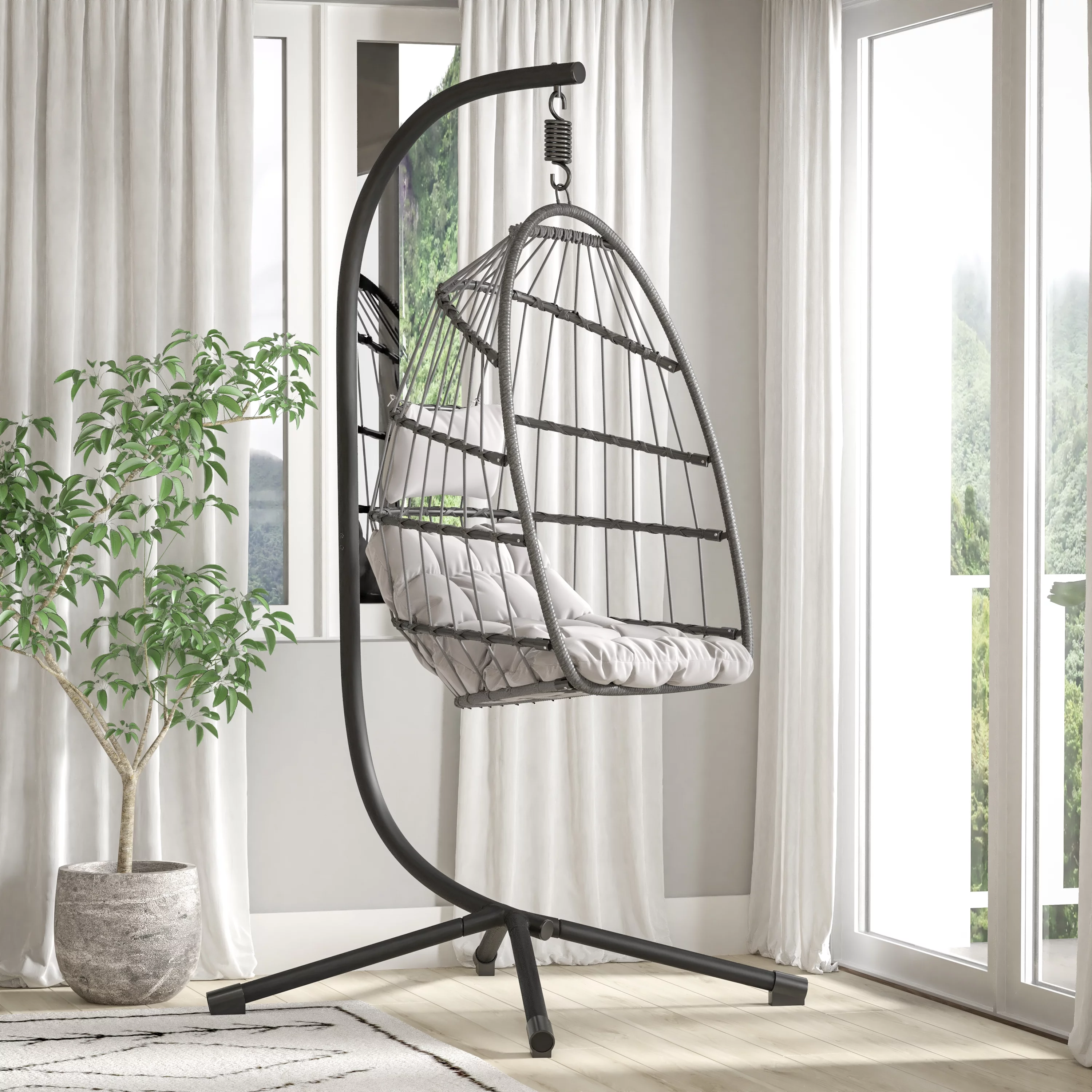 Flash Furniture Harvo Heavy Duty Commercial Grade All-Weather Hanging Hammock Chair C-Stand with Steel Offset Base and Hardware, 360 Degree Rotation