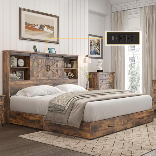 HOWE King Size Bed Frame, Wood Platform Bed Frame with 51.2" Bookcase Headboard, Storage Bed with Sliding Barn Door Charging Station 2 Drawers