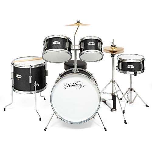 Ashthorpe 5-Piece Complete Junior Drum Set with Genuine Brass Cymbals - Advanced Beginner Kit with 16" Bass, Adjustable Throne, Cymbals, Hi-Hats