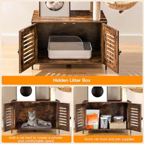 HOOBRO Cat Tree with Litter Box Enclosure, 27.6" L x 18.9" W x 52" H, All-in-One Wooden Cat Tower, Cat Furniture for Indoor Cats