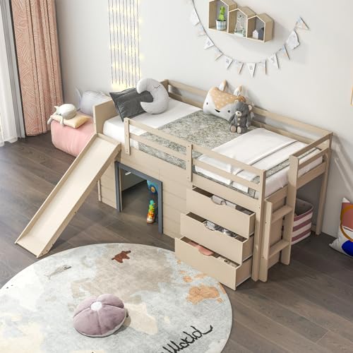 KOMFOTT Twin Low Loft Bed with 3 Storage Drawers & Underneath House, Wood Loft Bed with Slide, Ladder, Guardrails & Under-Bed Play Space