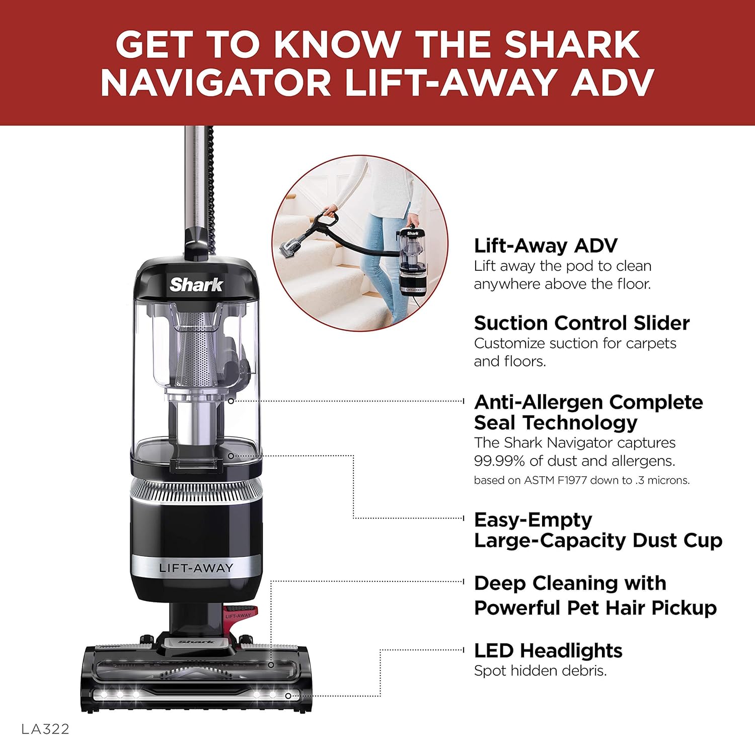 Shark LA322 Navigator Lift-Away ADV Corded Lightweight Upright Vacuum with Detachable Pod Pet Power Brush, Crevice Tool and Dusting Brush