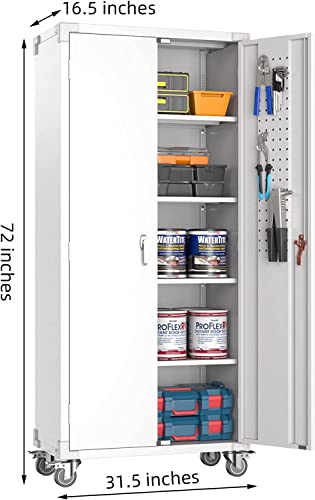Garage Storage Cabinet with Wheels & Pegboard, 72" H Locking Metal Storage Cabinet with Doors and 4 Adjustable Shelves for Garage Workshop Home