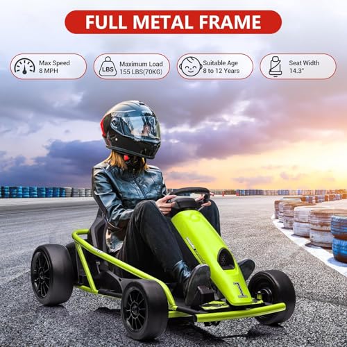 Go Kart Electric Drift Kart Car, 24V Outdoor Ride on Toy, Fast 2×300W Motor, 8 MPH High Speed Drift Car, with Music and Slow Start