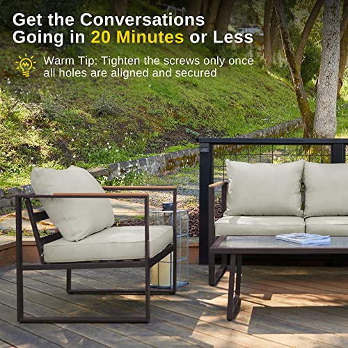EAST OAK Courtyard Patio Furniture Set, 4-Piece Outdoor Patio Set with Sofa, Removable & Washable Deep Seating Cushion, Tempered Glass Table